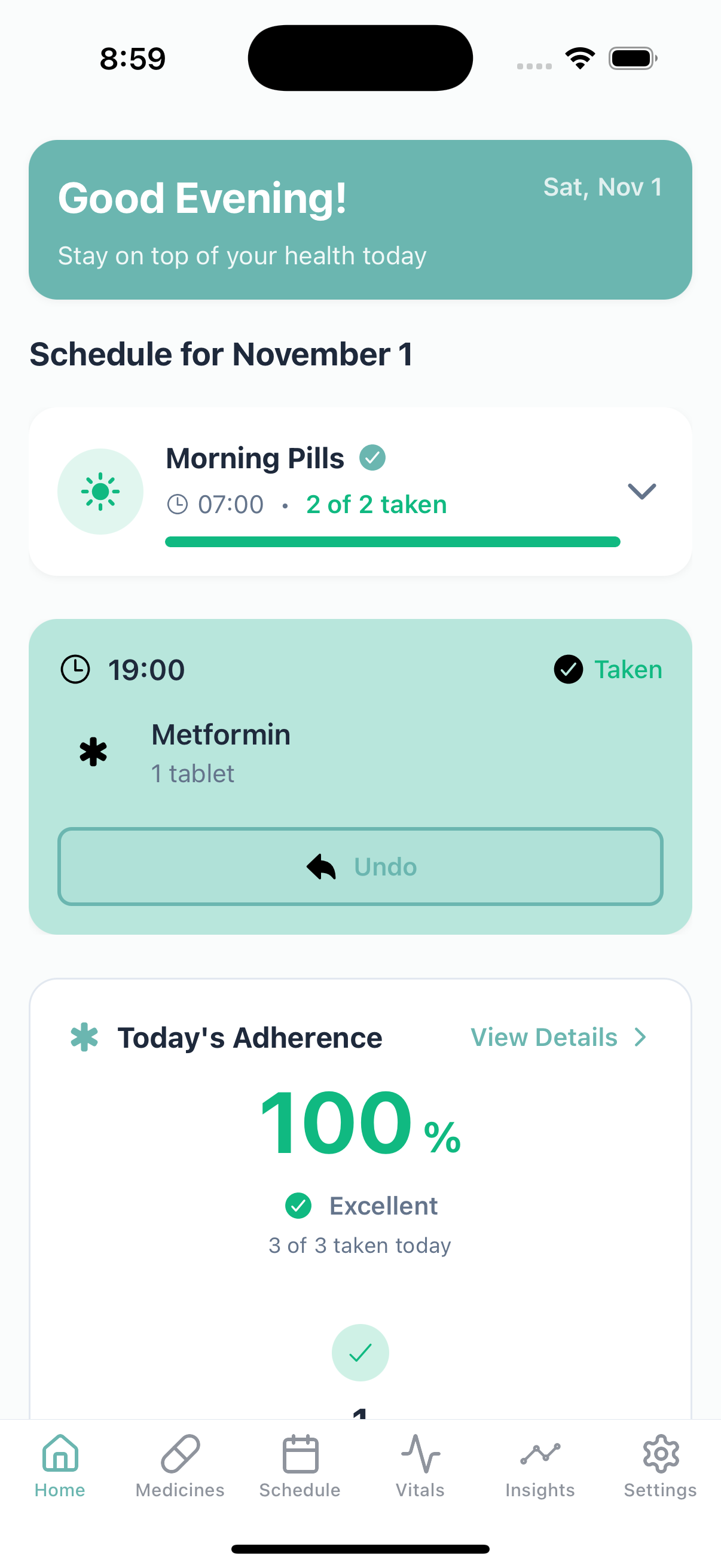 MediBear Life medication tracker app interface showing pill reminders and health vitals