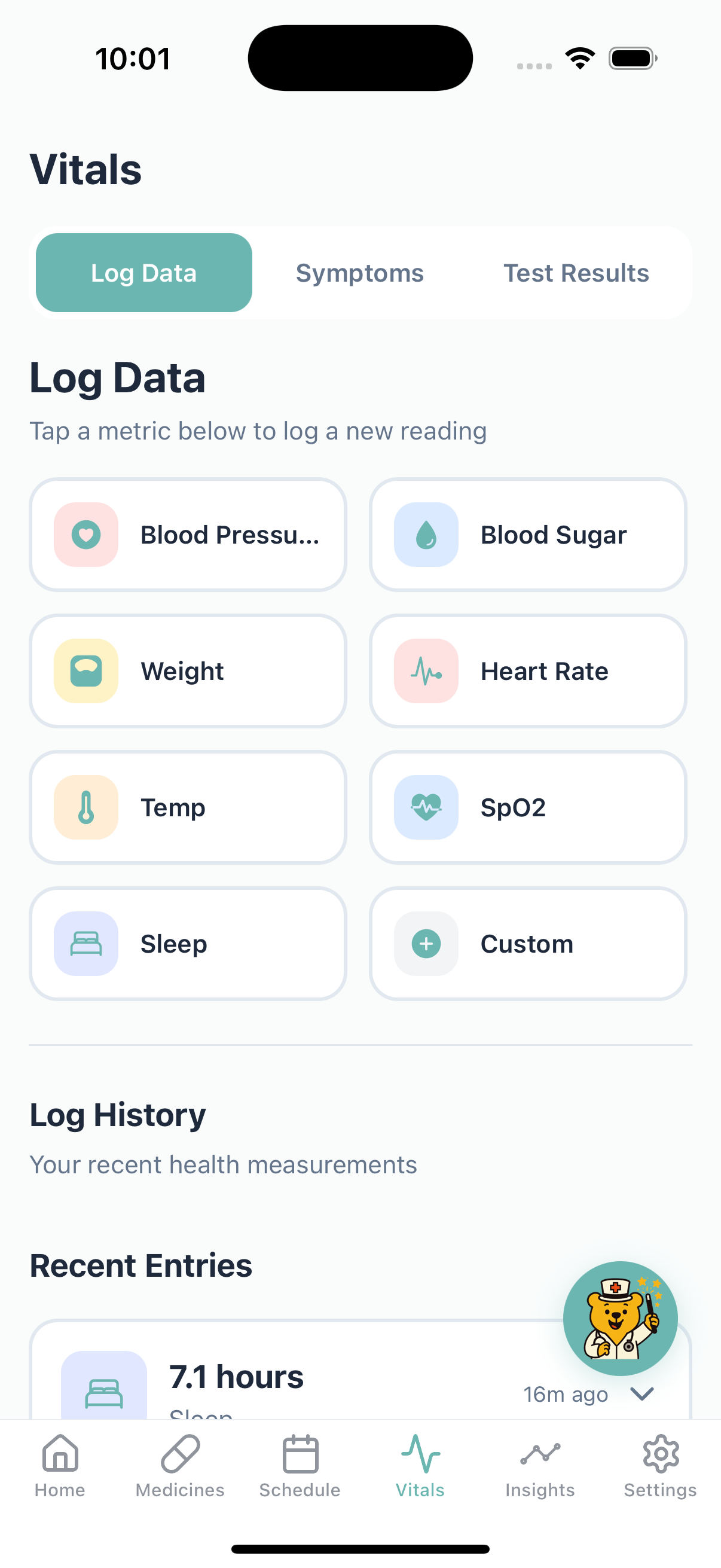 Health vitals tracking dashboard showing blood pressure and glucose